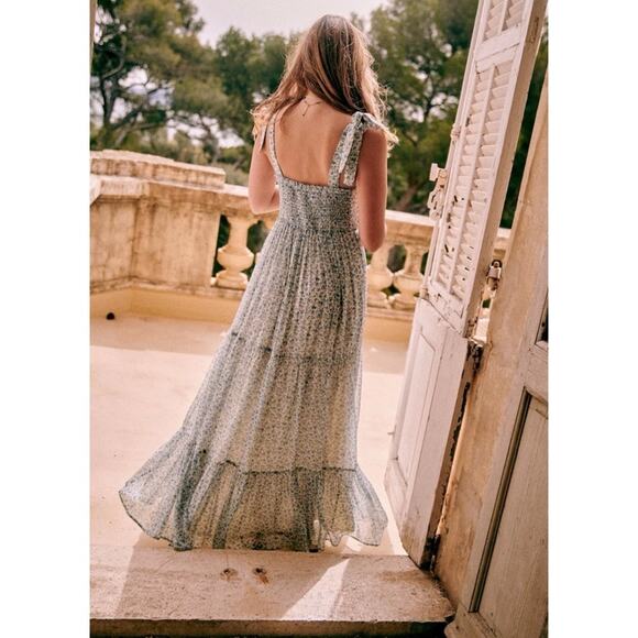 NEW Sezane Phily Maxi Sun Dress Blue Flowers Shoulder Ties Size 36 / 4 - Picture 3 of 11